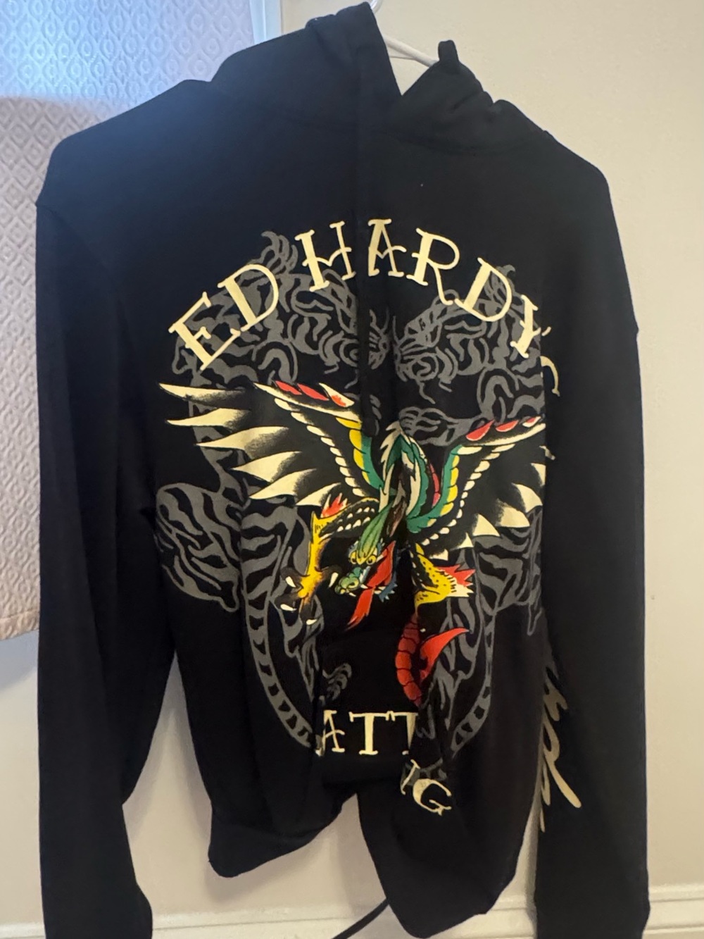 Ed Hardy Black Zip-Up Sweatshirt with Multicolor Dragon Graphic